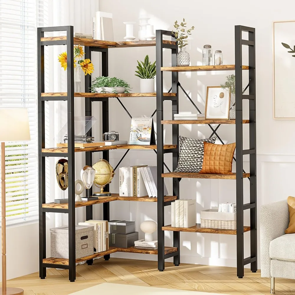 

Triple Wide 5-Shelf Bookcase Industrial Vintage Wood Style Large Open Bookshelves for Home&Office, Rustic Brown (5 Tier, Rustic