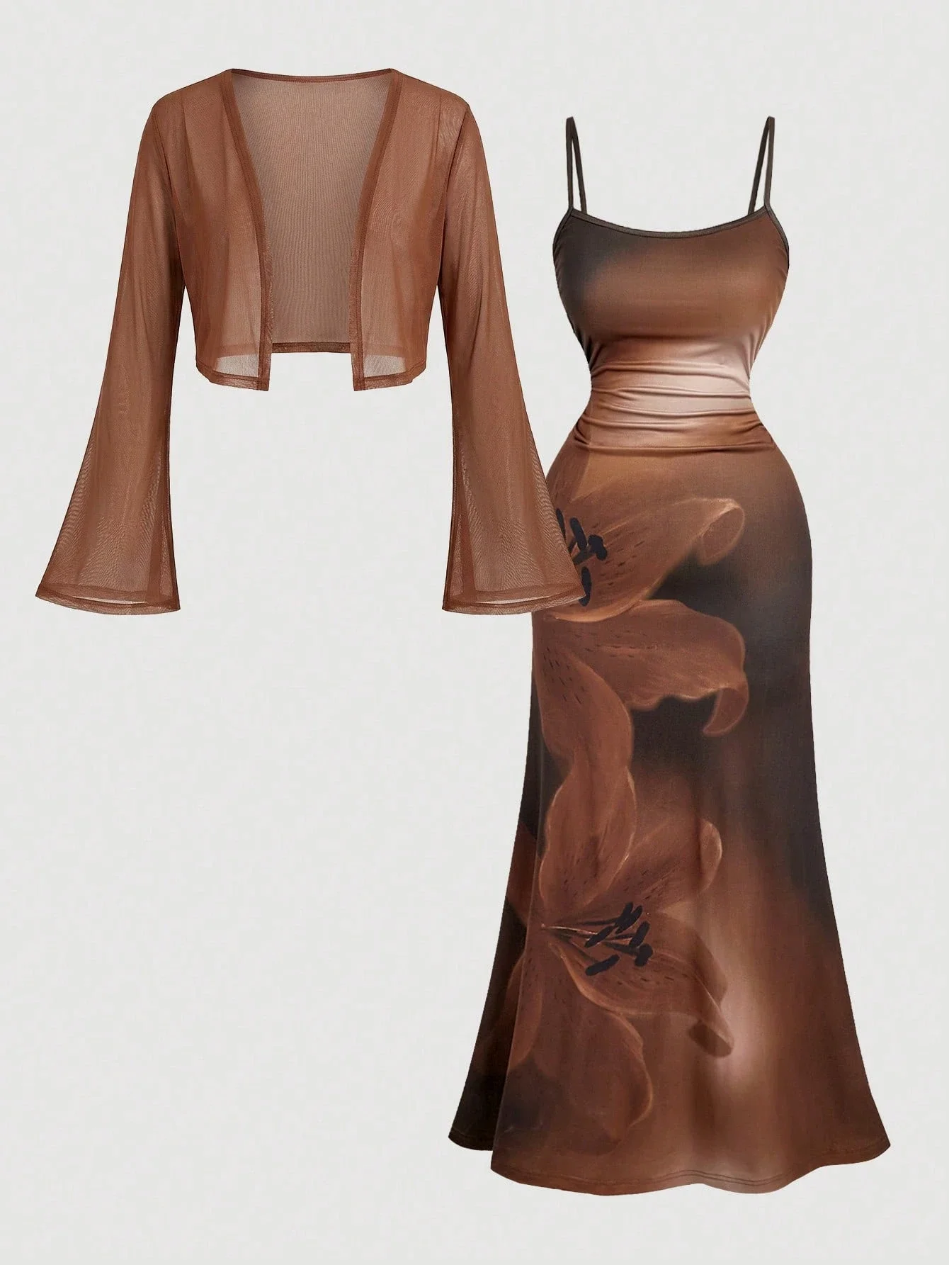

Brown Lily Floral Print Two Piece Set Midi Dress With Sheer Cardigan For Vacation Music Festival