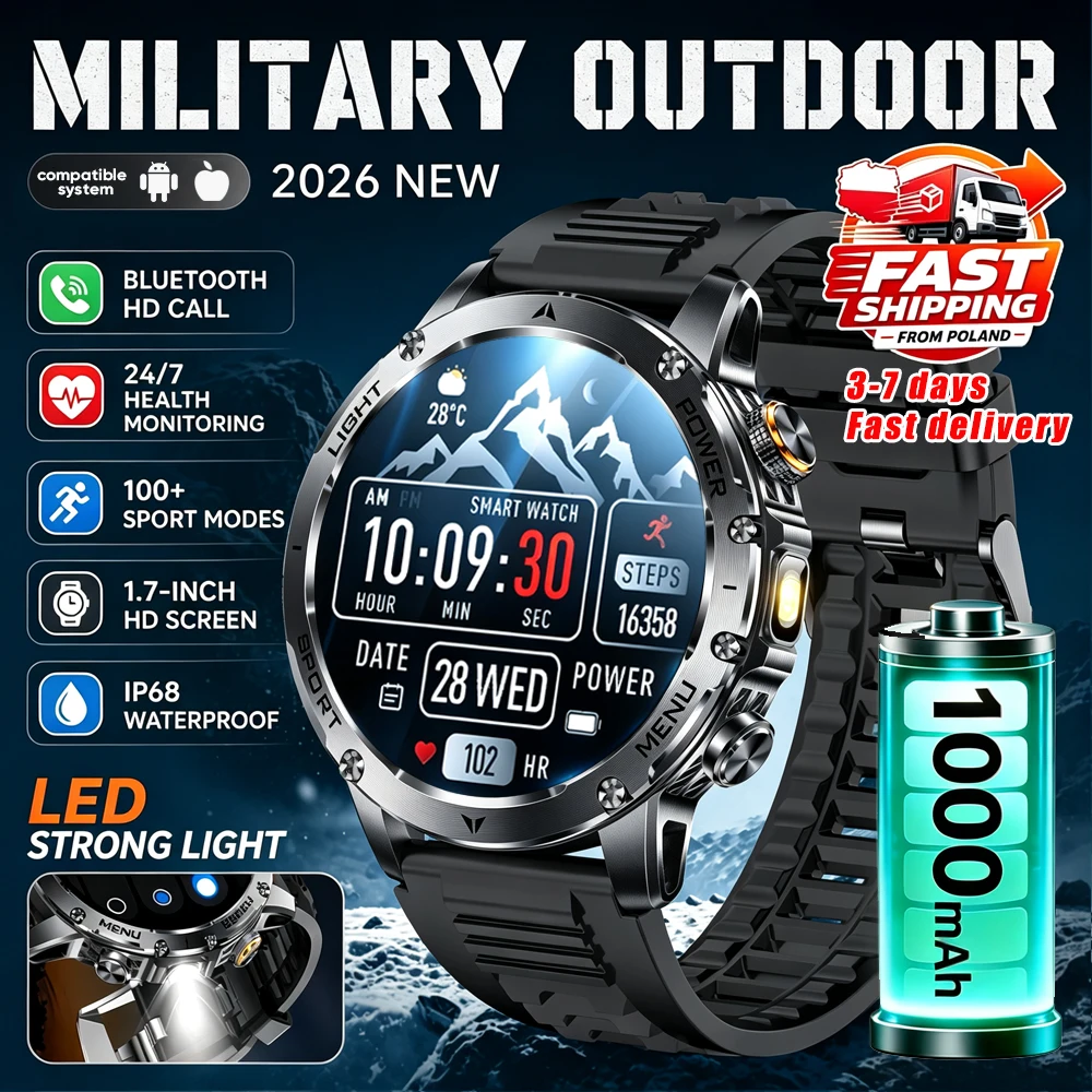 GUHUAVMI Nouvelle montre connectée de sport de plein air avec batterie de 1000 mAh, grand écran 1.7" HD , appel Bluetooth, moniteur de santé, étanche IP68, lampe de poche LED, tracker sportif, montre connectée homme