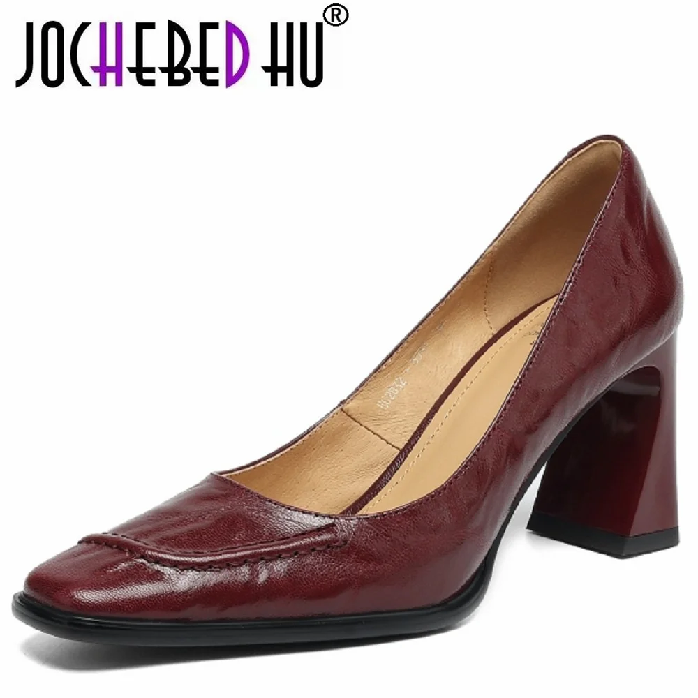 

【JOCHEBED HU】Женские туфли-лодочки из натуральной кожи высокого качества, удобные однотонные туфли-лодочки без шнуровки на толстом каблуке, вечерние туфли-лодочки 33-40