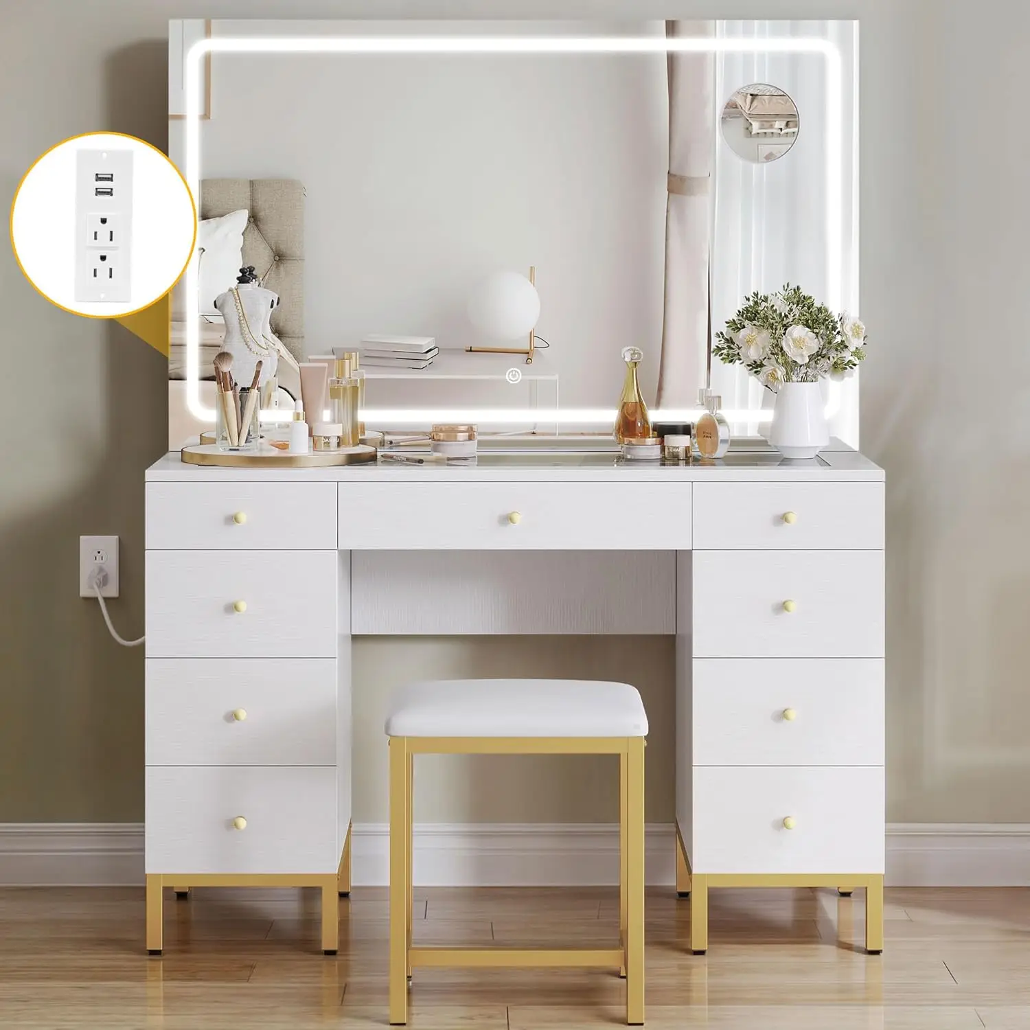 DWVO White Vanity Desk with Large Mirror, Lights and Charging Station - Large Makeup Table Set with Magnifying Glass Drawers