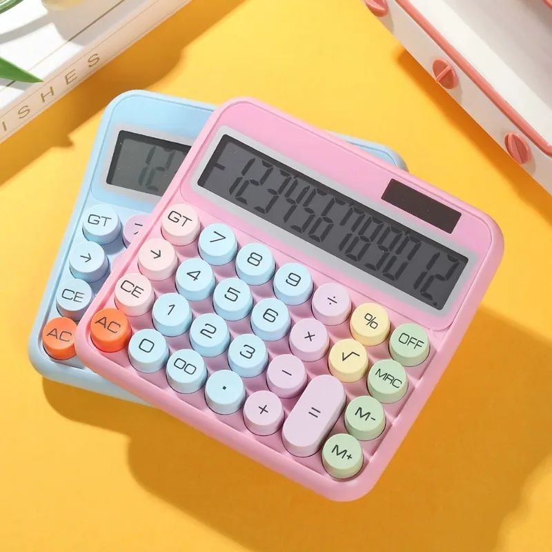12 Digit Large LCD Display Big Round Button Mechanical Calculator 15°Tilt Screen Cute Candy Colored Dual Power Supply Calculator