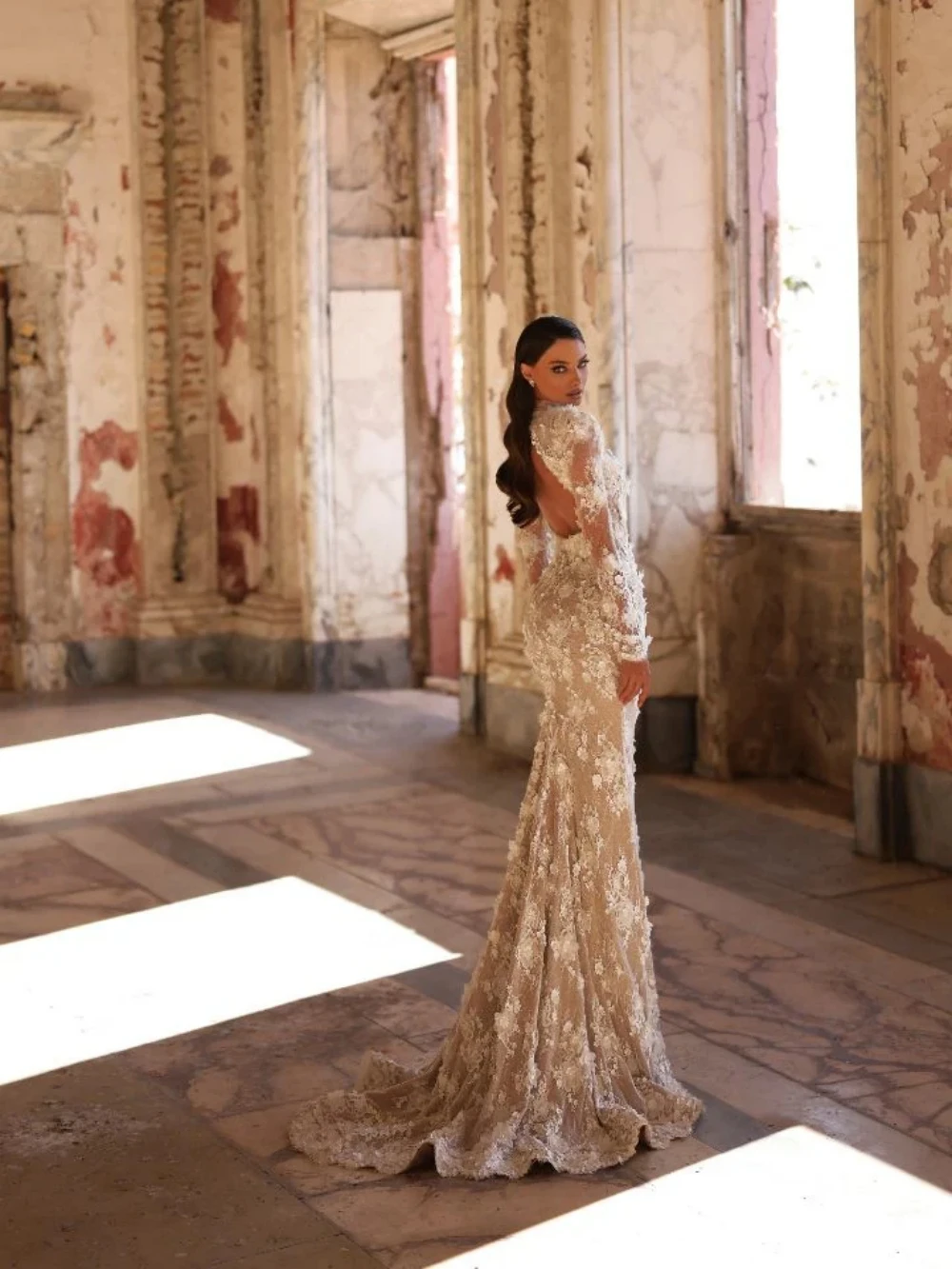 حالمة الدانتيل ثلاثية الأبعاد زهرة حورية البحر فستان زفاف طويل متواضع عالية طوق فستان زفاف 2026 جديد مخصص مفتوح الظهر فساتين للعروس #3