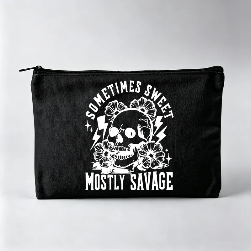 Women's Skull and Floral Graphic Makeup Bag, Zipper Cosmetic Pouch with Slogan Print for Daily Use