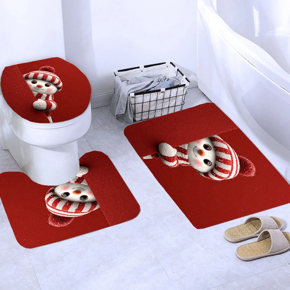 

3Pcs Winter Snowman Bath Mat Christmas Cartoon Snowflake Plant Vintage Modern Cute Home Bathroom Decor Rug Set Toilet Cover