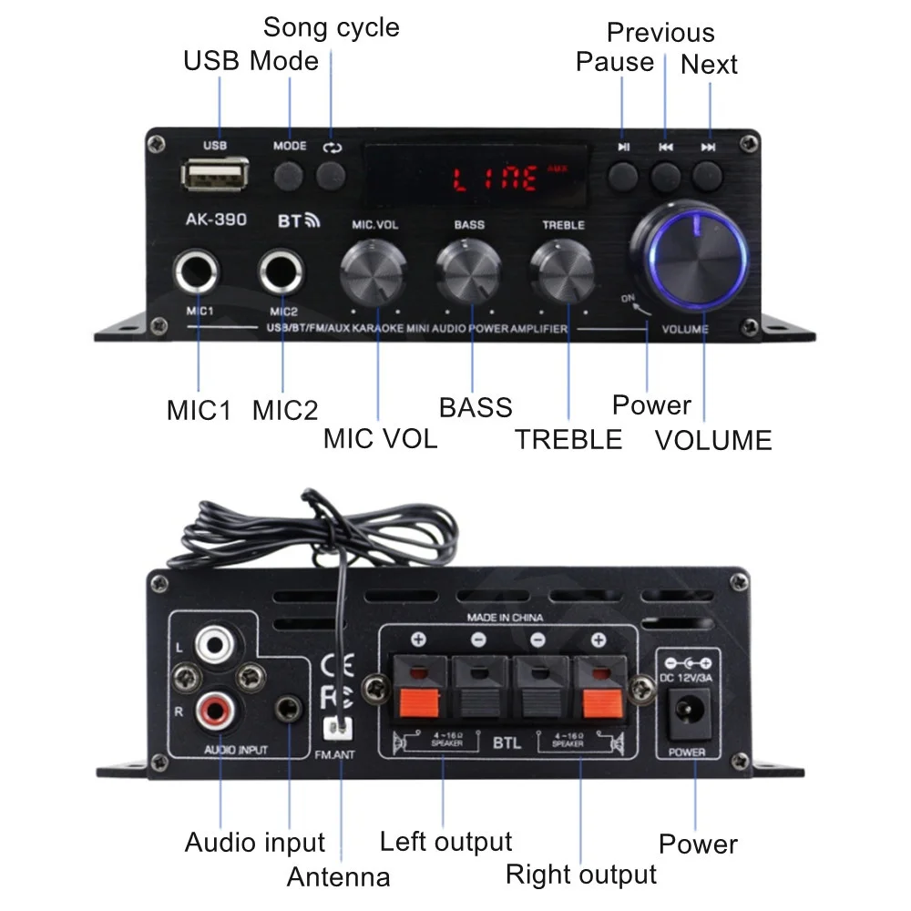 Woopker 블루투스 앰프 AK390 사운드 앰프, HIFI 2.0 채널 저음 및 고음 조정, RCA 마이크 USB 플래시 드라이브 오디오 입력용