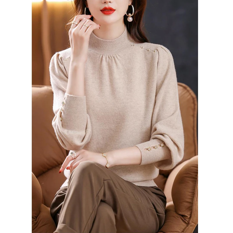 Korean Fashion Half High Collar Elegant Chic Beads Knitted Sweater Women Fall Winter Loose Long Sleeve Solid Pullover Top Jumper