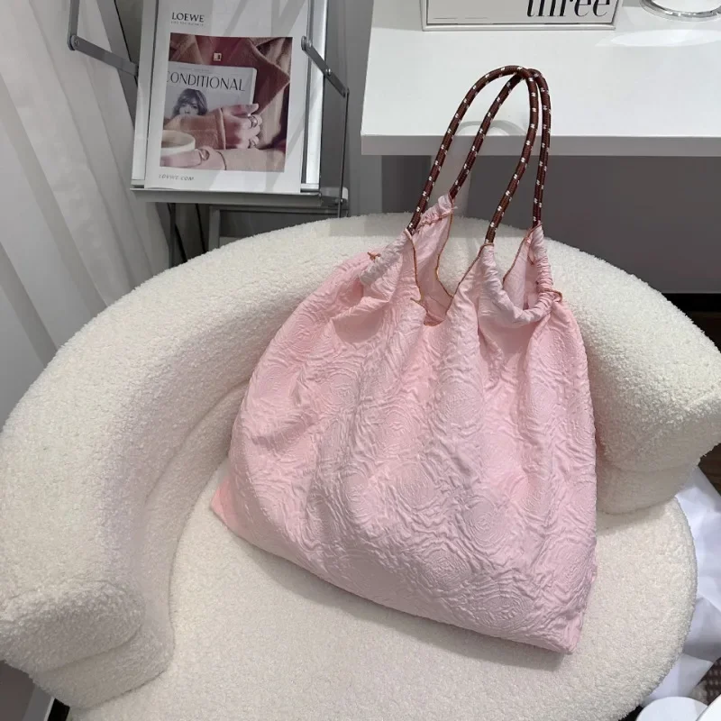 New Kawaii Ball Chain Thread Flower Canvas Bag Flower Series Girls Foldable Large Capacity Oxford Shoulder Embroidered Nylon Bag