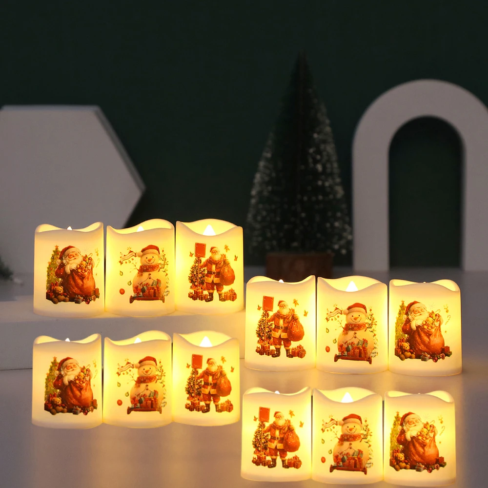 

12pcs Christmas LED candles, flameless candle, Candle with Christmas Pattern, Santa Claus, Snowman Candles, warm white