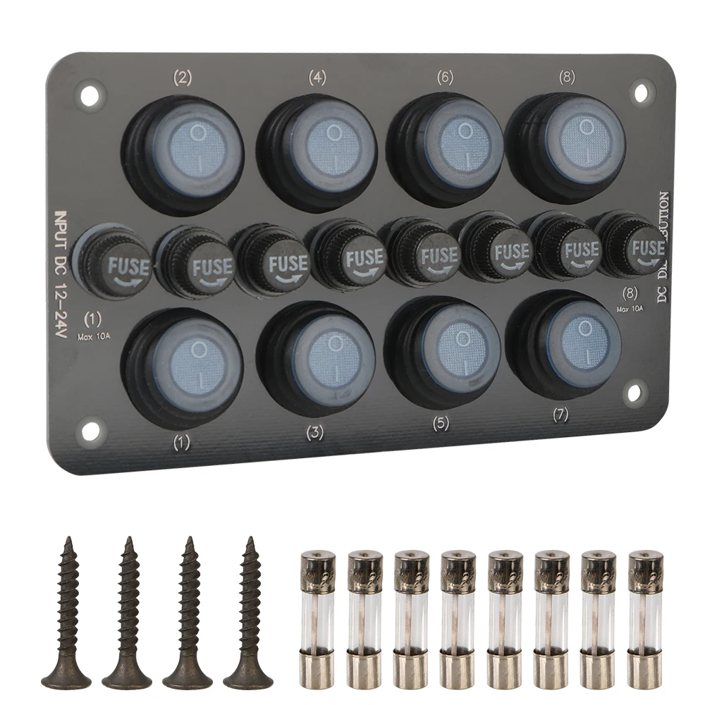

Waterproof 8Gang On/off Blue LED Light Replaceable Fuse Holder Button Rocker Toggle Switch Panel Circuit Breaker 12~24V