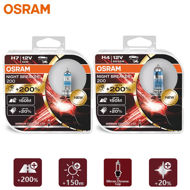 OSRAM New Gen H4 H7 9003 HB2 Night Breaker 200 Halogen Car Headlight +200% Power Bright Original Auto Lamps Made In Germany Pair