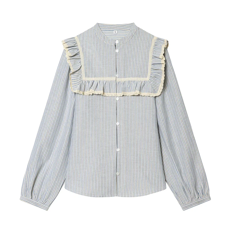 

Metallic Thread Ruffled Striped Shirt For Women Front Button Long Sleeve Casual Blouse Streetwear Tops