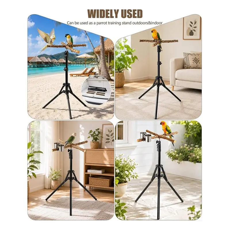 Hot Sale-Bird Perch Stand With Filling Cups, 16-61 Inch Height Adjustable Wood For Parrot Training