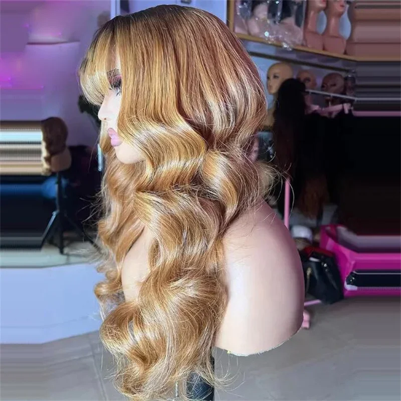 Perruque Body Wave avec Frange pour Femme, Haute Température, Cosplay, Sans Colle, Longue et Douce, Blonde Ombre, Marron, Densité 180, Machine, 26"