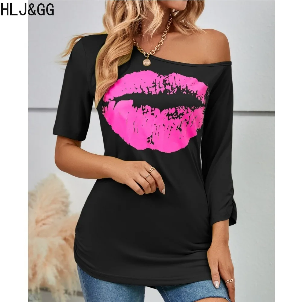 

HLJ&GG Vintage Fashion Women T-shirt Summer 2024 Y2K Lips Printed Tees One Shoulder Short Sleeve Crop Tops Solid Color S-5XL