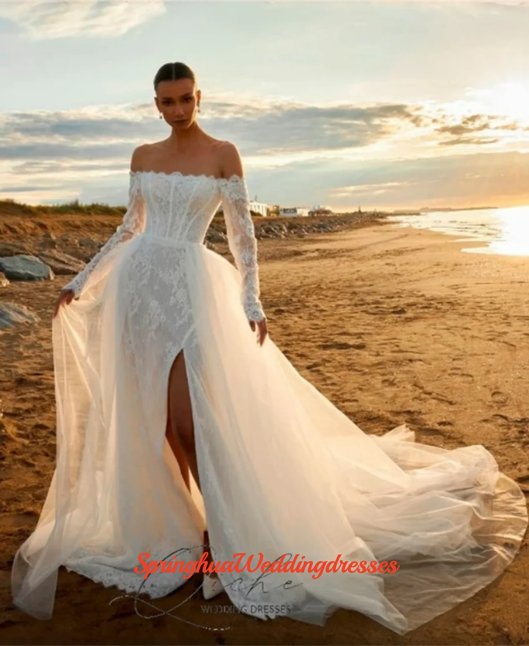 

Customized Exquisite Lace Long Sleeves Mermaid Wedding Dress With Detachable Train Off The Shoulder Slit Vestidos De Novia