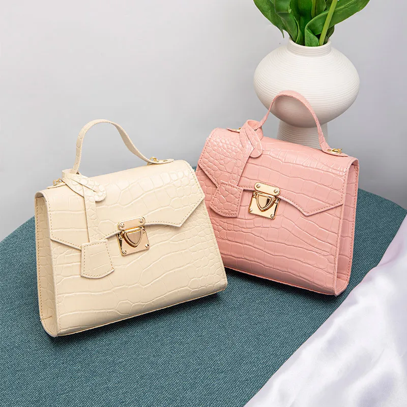 2024 Crocodile Pattern Kelly Bag Ladies Hand Bag Simple Handbag Korean Version Retro Fashion Small Square  for Women   Handbags