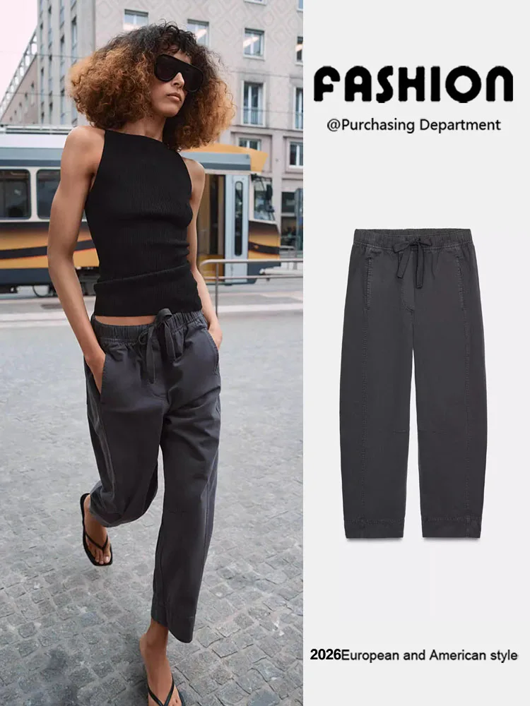 Spring 2026 Women's Elastic Waist Mid-Rise Pants Stylish Stretchy Trousers for Ladies Trendy Casual Fashion Chinese Style
