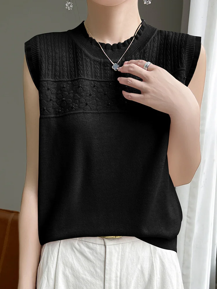 Summer new women\'s sweater lace wood ear 100% pure merino sweater sleeveless O-neck hollow T-shirt