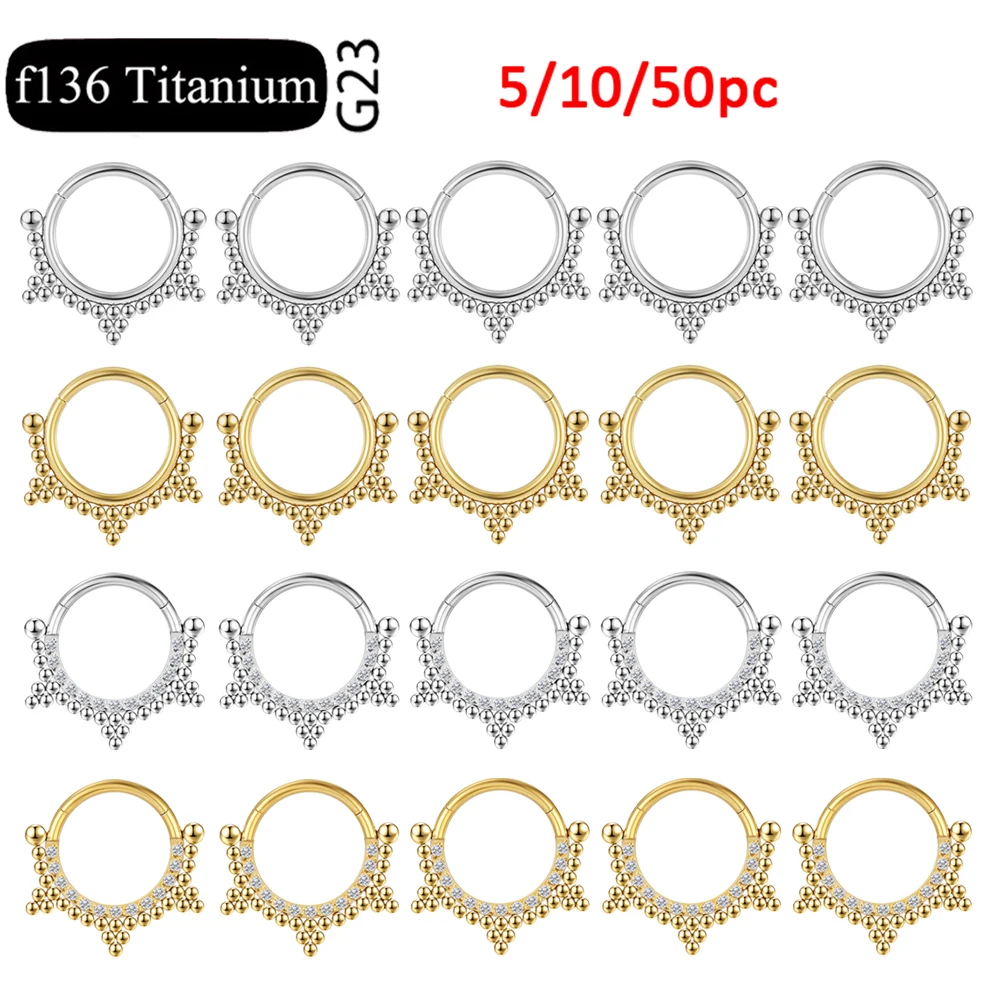 5/10/50Pc G23 Titanium Hinged Bead Hoops Clicker Nose Ring with CZ Stone Ear Cartilage Tragus Helix Earrings Body Jewelry