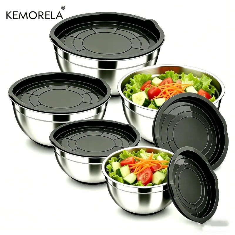 5PCS Mixing Bowls with Airtight Lids, Stainless Steel Mixing Bowl Set, Non-Slip Bottoms, Black Kitchen Bowls, Baking & Serving