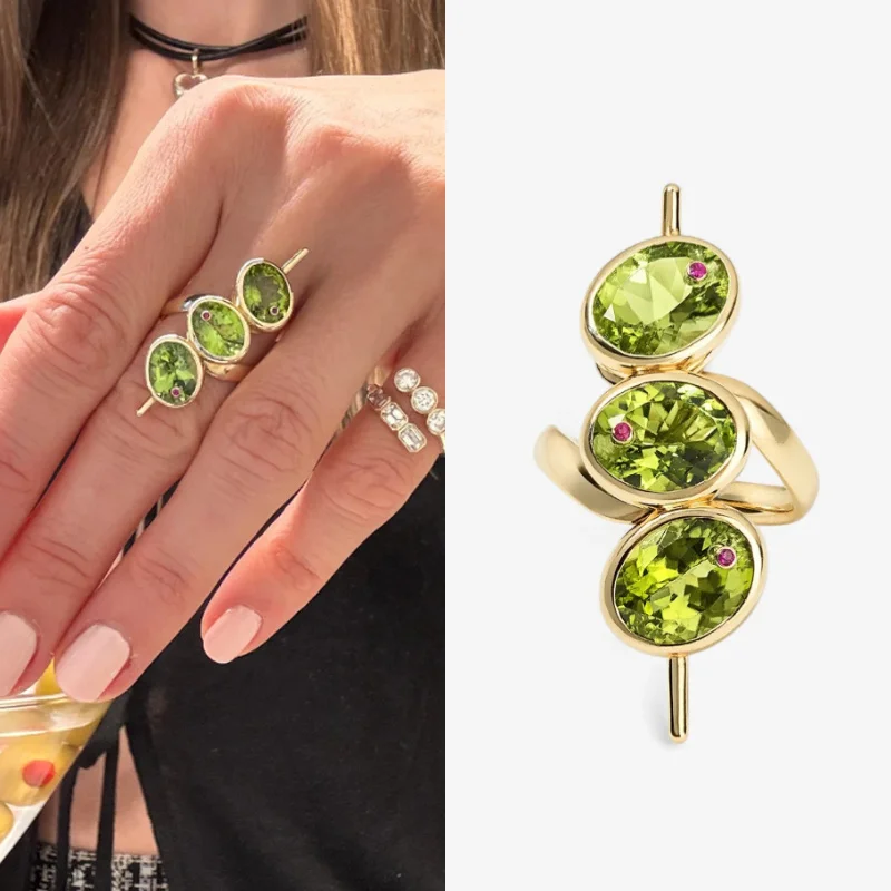 Anel com Design Geométrico em Forma de Pérola Incrustado com Zircônia Sintética Verde para Uso Diário Feminino, Joias para Festas e Presentes