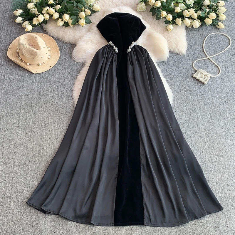 High End Women Engagement Satin Patchwork Velvet Strapless Dress Heavy Industry Nail Bead Waist Cinching Large Swing Dress