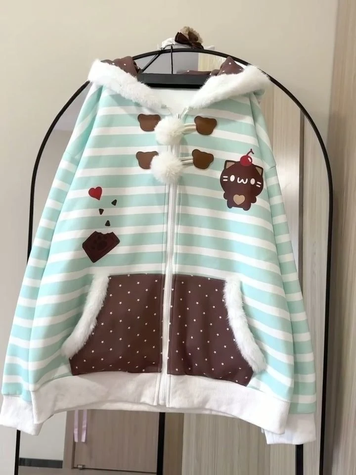 

Японские толстовки Kawaii, женские повседневные пушистые мультяшные кошачьи уши, пальто, милые толстовки, женские Y2k, эстетические лоскутные карманы ​ Толстовка