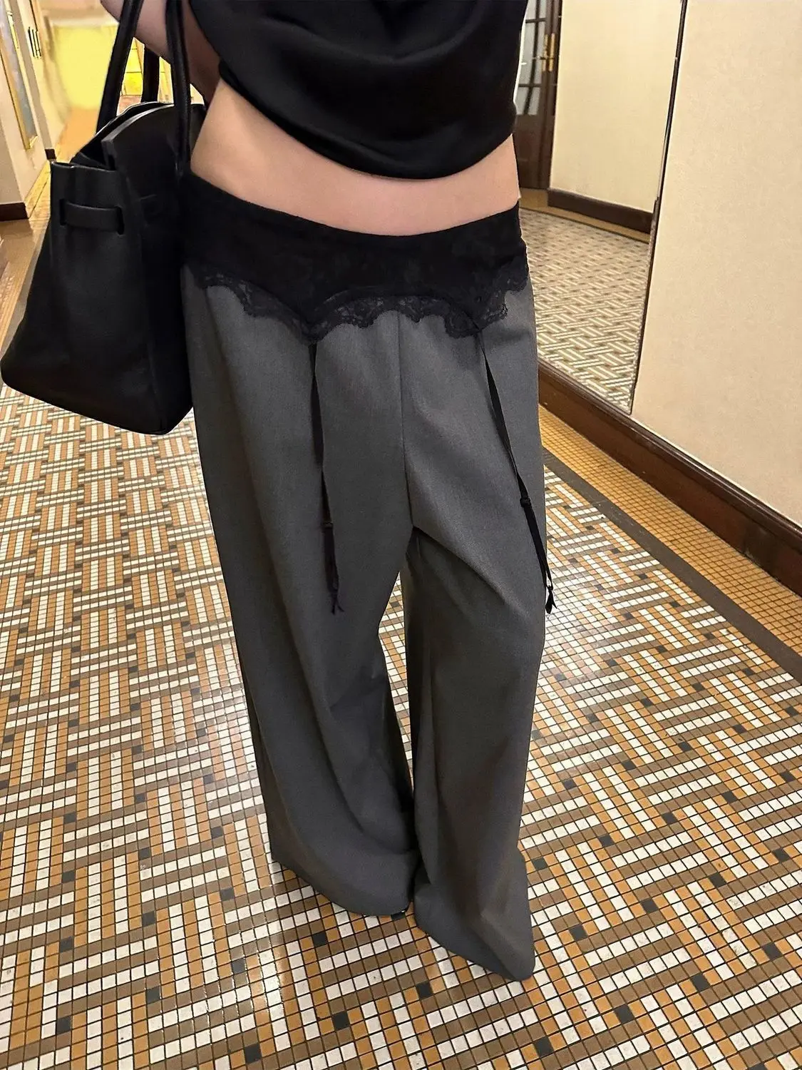Grey Design Lace Splicing Turned Waist Casual Trousers Waist Suit Pants