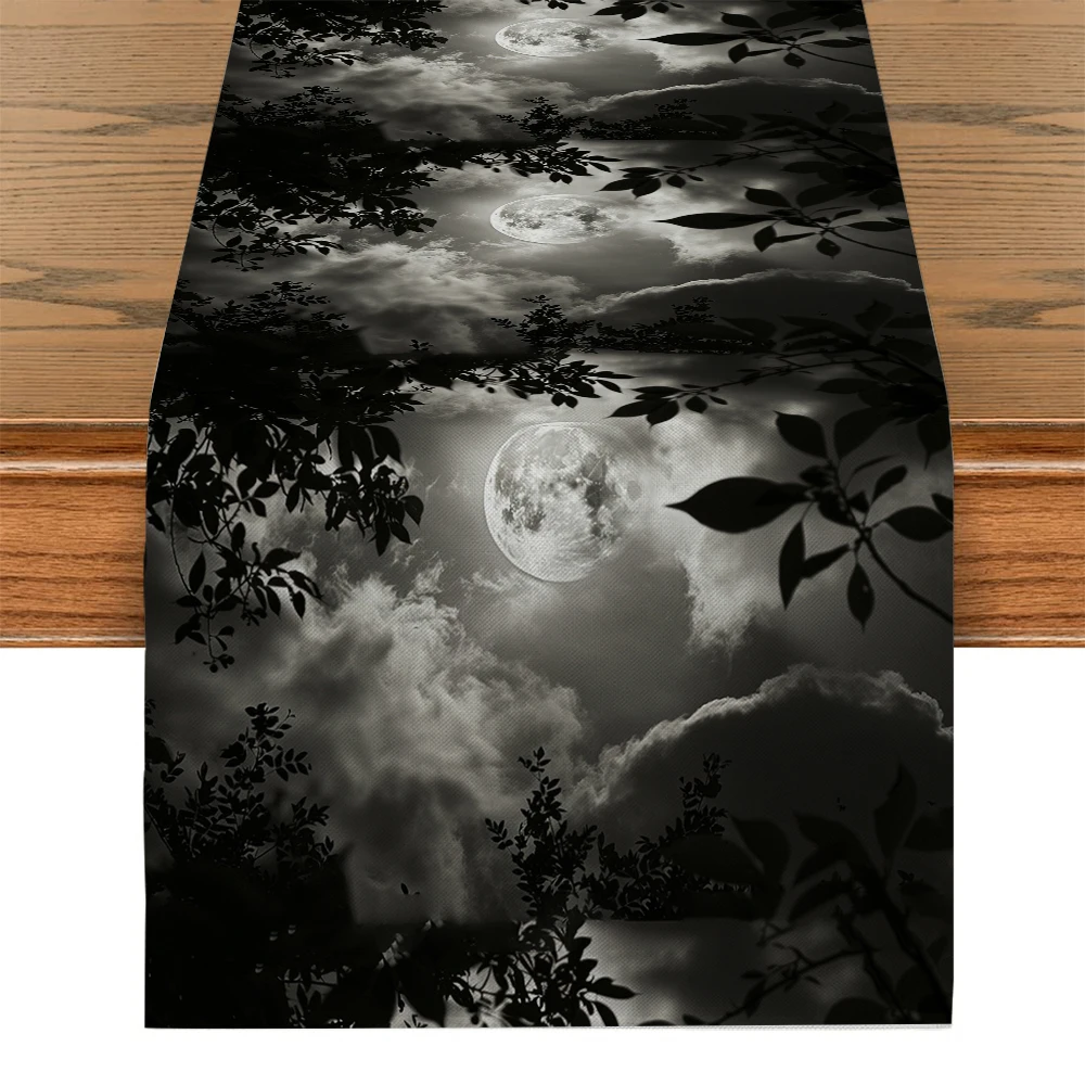 

Black and White Moon Trees Sky Table Runner Farmhouse Dining Table Runners Wedding Party Table Decoration