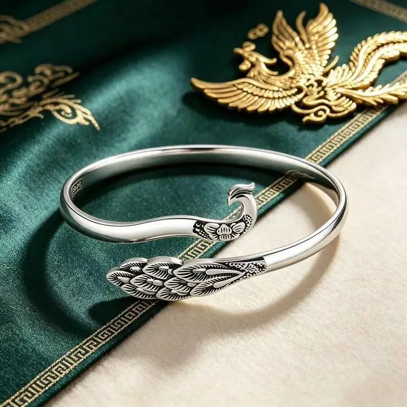 Silver Peacock Cuff Bangle Vintage Engraved Design Adjustable Fit Daily Wear Birthday Gift For Women