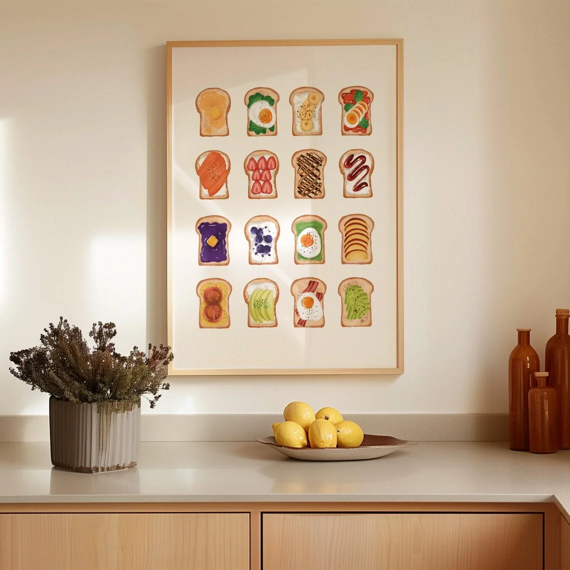 Toast Breakfast Print, Avocado Toast Decor, Trendy Kitchen Wall Art, Kitchen Decor, Foodie Art Print, Minimalist Food Ingredient