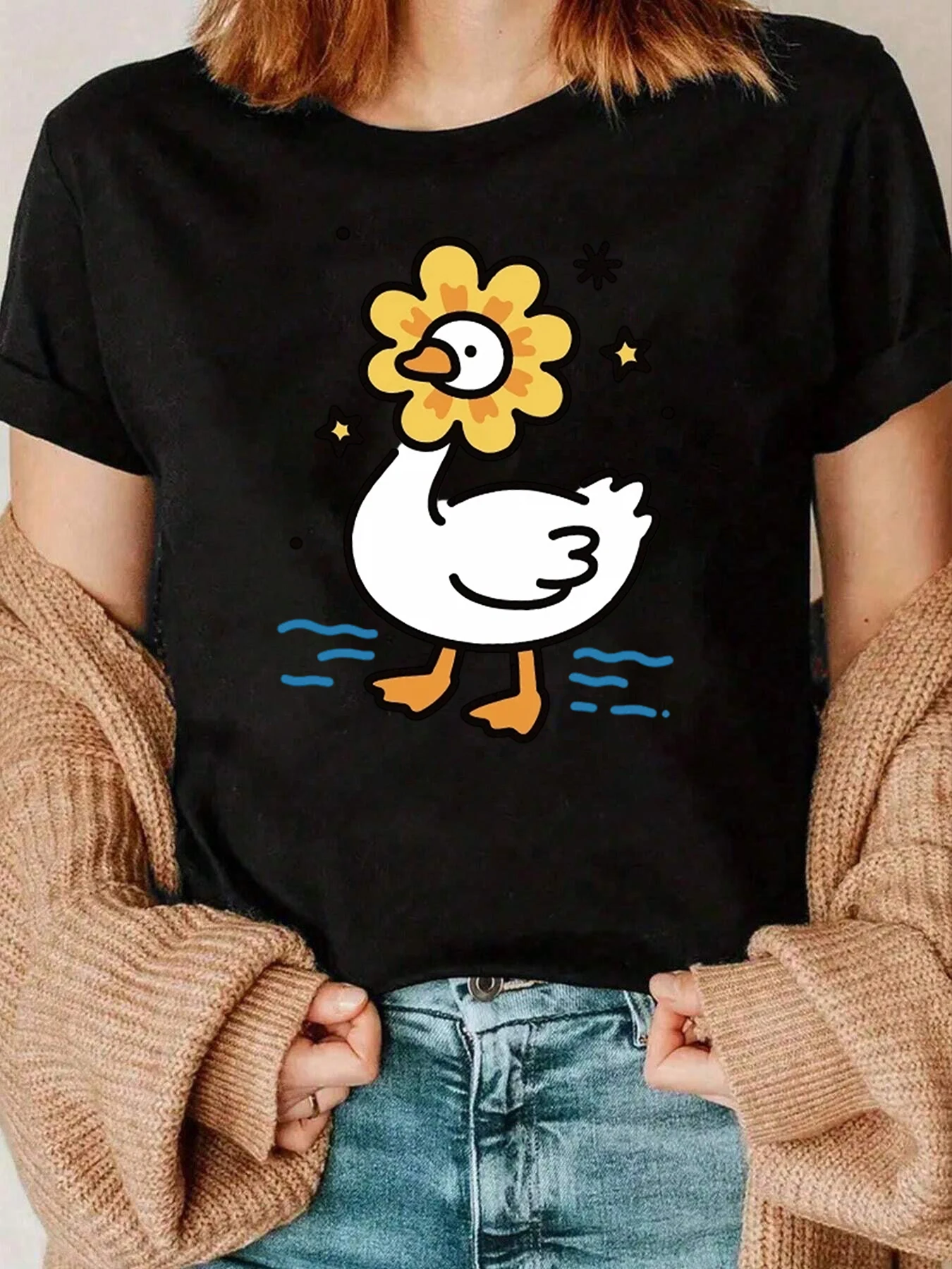 꽃무늬가 있는 오리 티셔츠 여성용 캐주얼웨어 220g