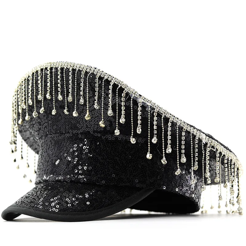 

Cross-border Trendy Aliexpress Popular Hats Tassel Rhinestone Black Sequin Navy Hat Flat Top Hat