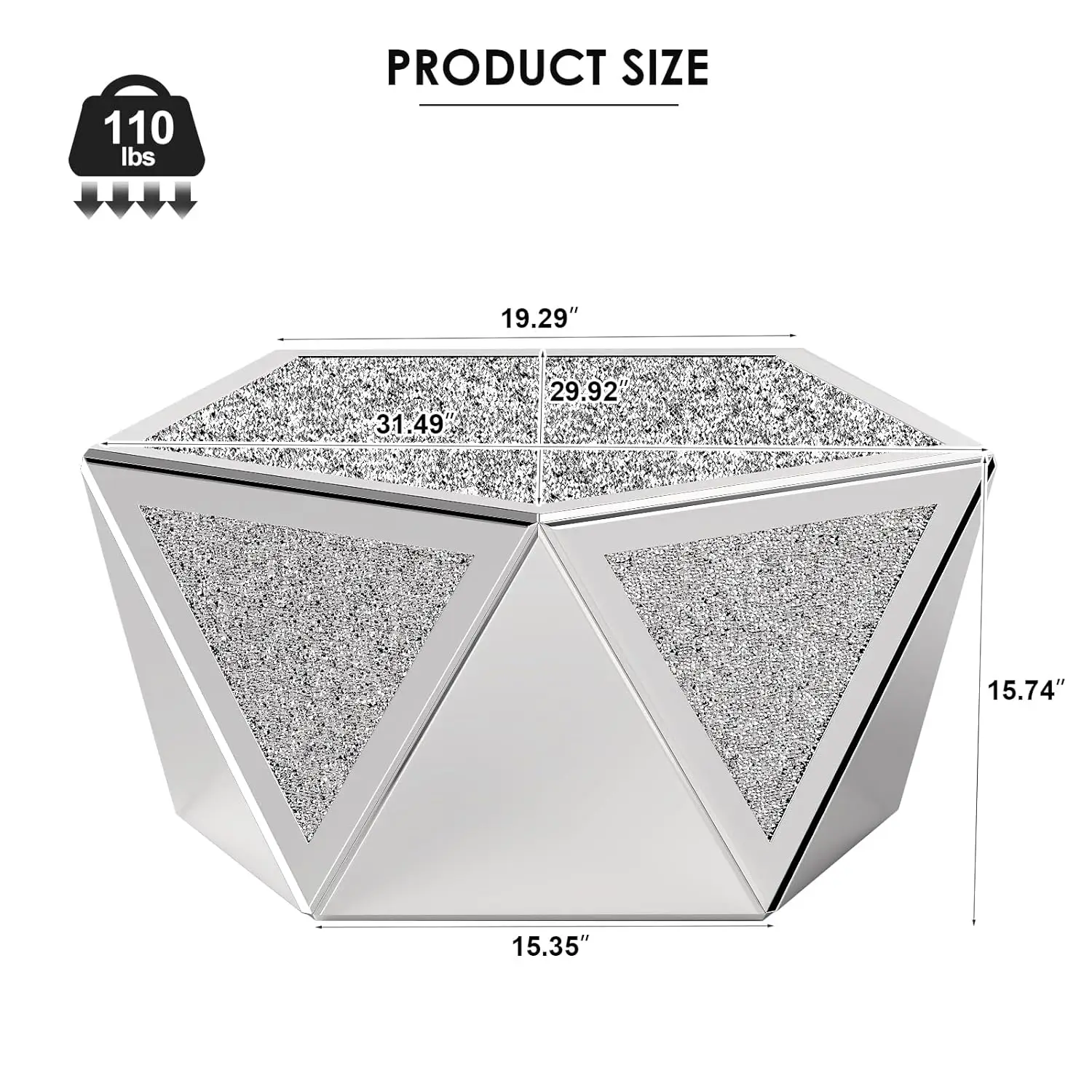 Silver Coffee Tables For Living Room With Crushed Diamond Inlay, Mirrored Pentagonal Coffee Table With Luxury, Customized