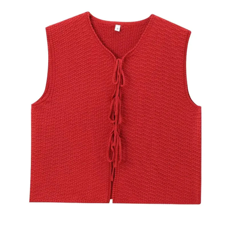 TRAF 2024 Short Sweaters Waistcoat Red Knitted Vest Woman Lace Up Sleeveless Cropped Sweaters Black Vest Fall Cut Out Knit Top