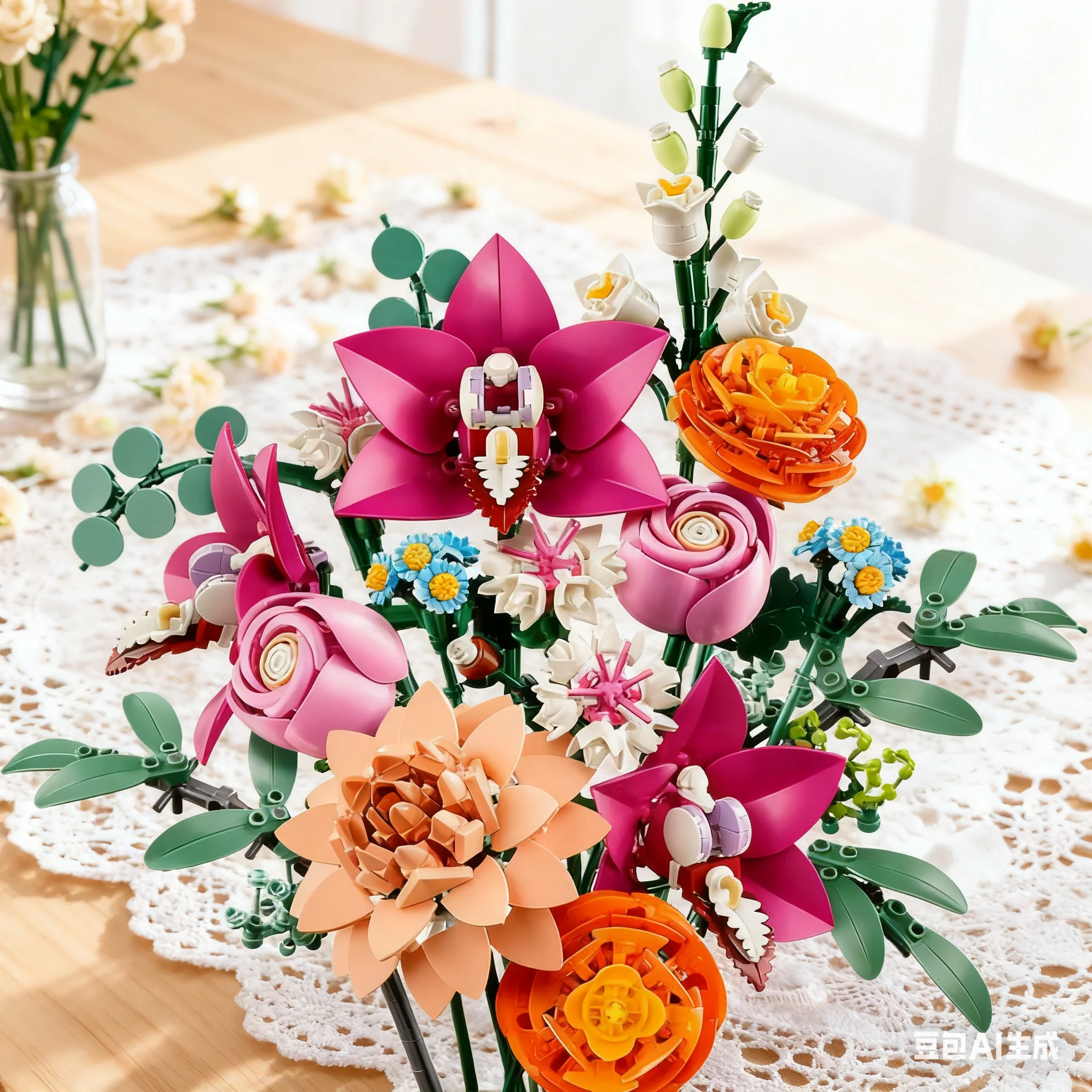 مجموعات مكعبات بناء باقة الزهور الوردية الجميلة الرومانسية 10342 متوافقة مع جزيئات Legoed مناسبة لهدايا عيد الميلاد