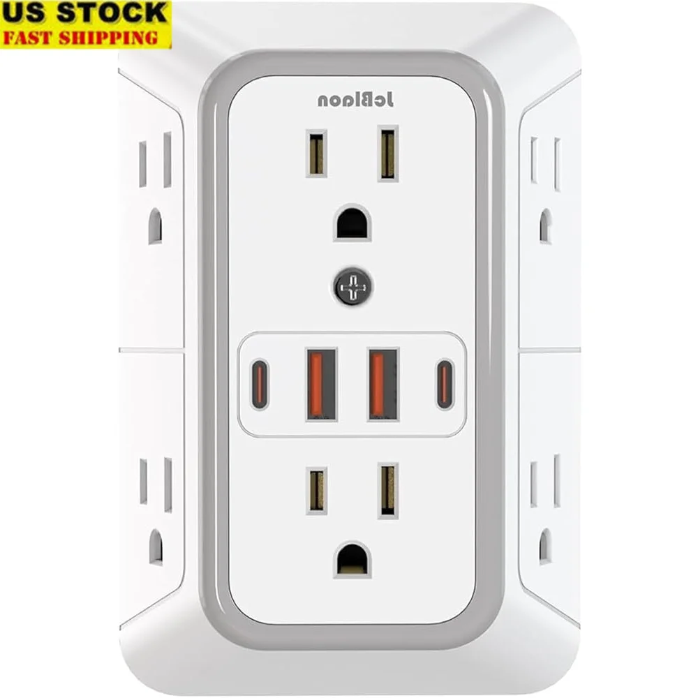 

6 Outlet Surge Protector Wall Plug Extender with 4 USB Ports 2 USB C Multi Plug Expander Charger Ideal Home Office Travel