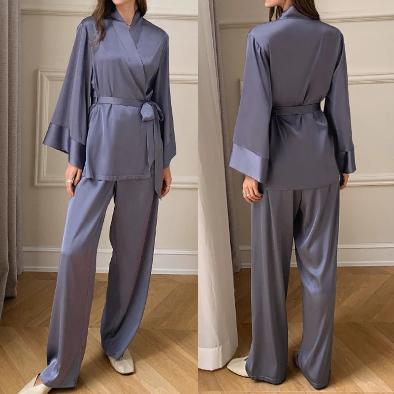 Satin Casual 2PCS Pajamas Suit With Pocket Women Long Sleeve Home Clothing Nightwear Turn-down Collar Sleep Set Pyjamas