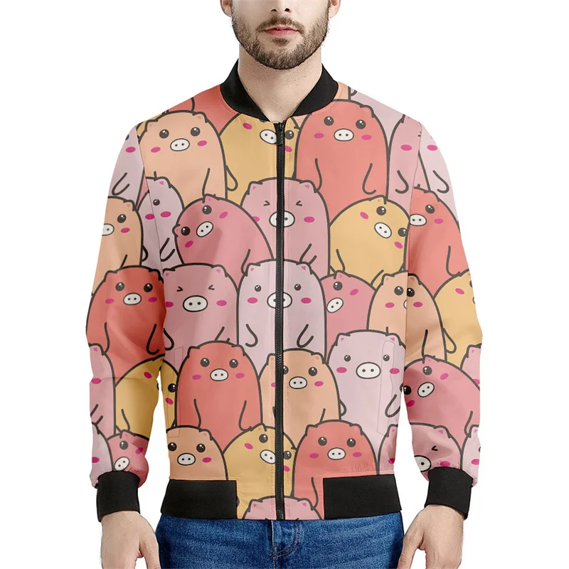 Cute Cartoon Pig Pattern Print Men's Bomber Jacket 3d Long Sleeve Sweatshirt Oversize Street Bomber Zipper Jacket Coat Clothes