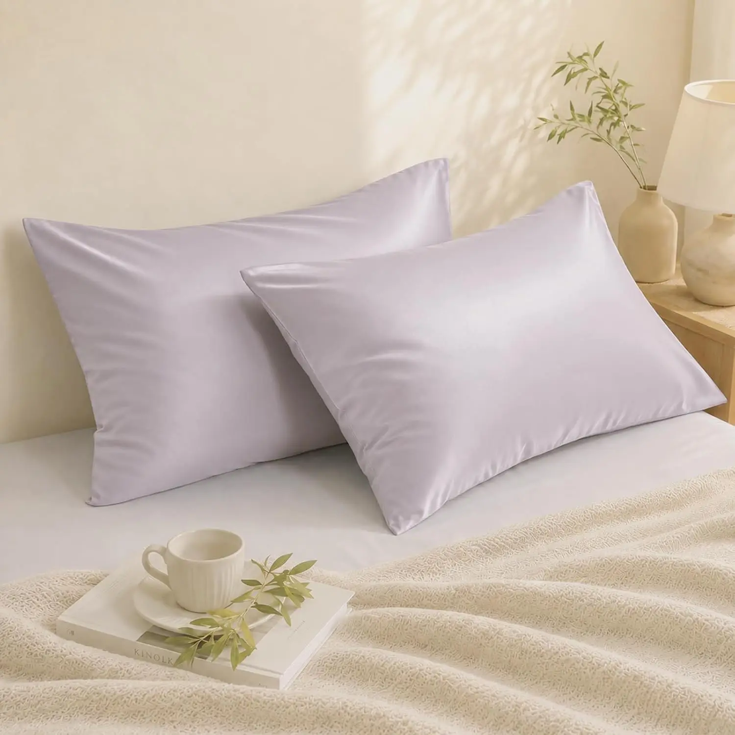 100% Cotton Sateen Pillowcases Standard/Queen/King Size Set of 2, Light Purple 500 Thread Count Pillow Cases 20