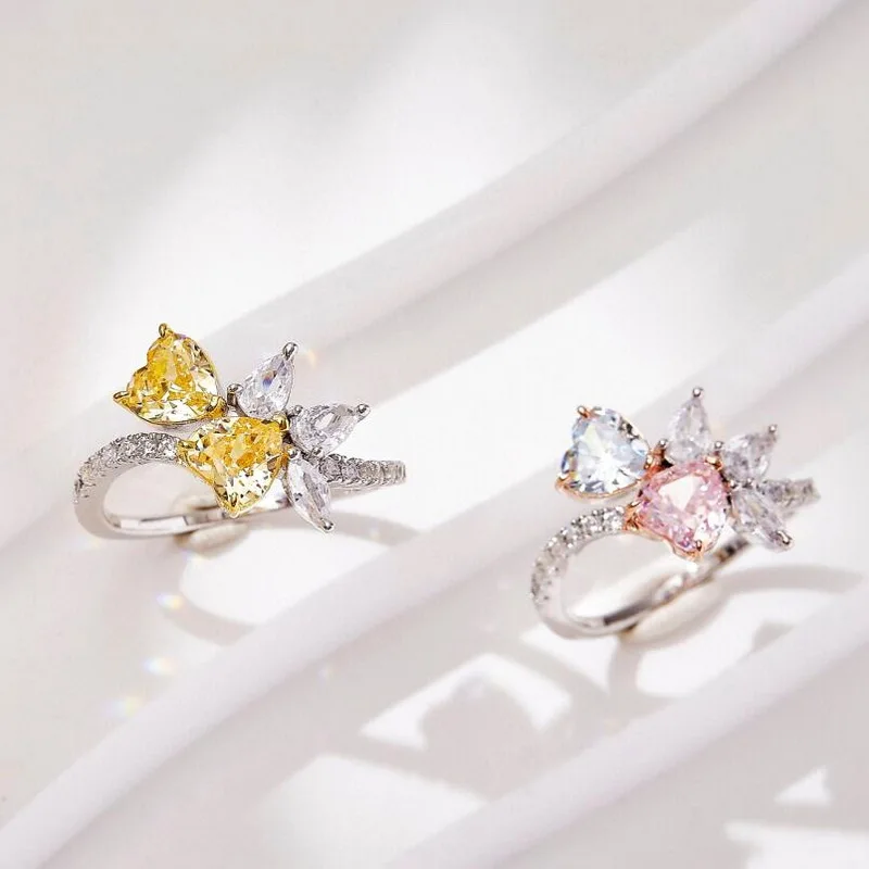 

Europe America Fashion Style High-end Jewellery Women Lady Settings Heart Yellow Pink Cubic Zircon Silver Color Ring Size US6-8