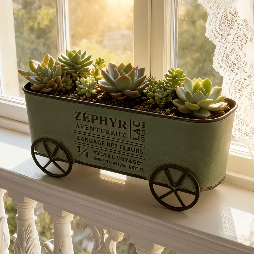 

Vintage Metal Cart Planter with Wheels Retro Iron Flower Pot for Succulents Decorative Plant Holder Windowsill Desk Garden Decor