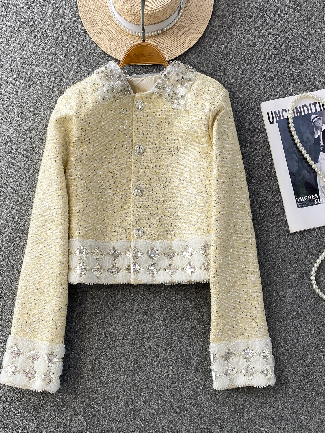 Ele Diamond Embedded Doll Collar Jaet Women's Luxury iny Sequin Personali Top French Sle Slim Fit Long Sve Coat