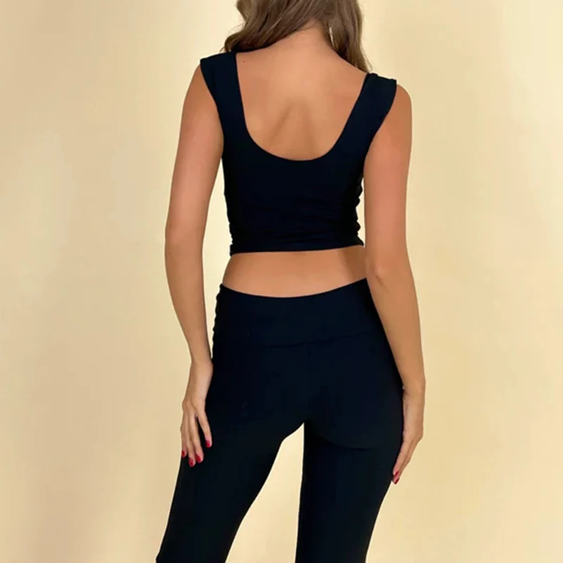 BIIKPIIK Elegant Yoga Two Piece Sets Basic Solid Casual Women Suit Backless Sleeveless Tank Top + Flare Pants Fitness Sporty Set