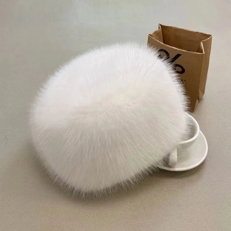 Faux Fox Fur Furry Plush Hat Thickened Fur Insulation Ear Protection Round Top Windproof Lady Mongolian Hat Women Warm Ski Cap
