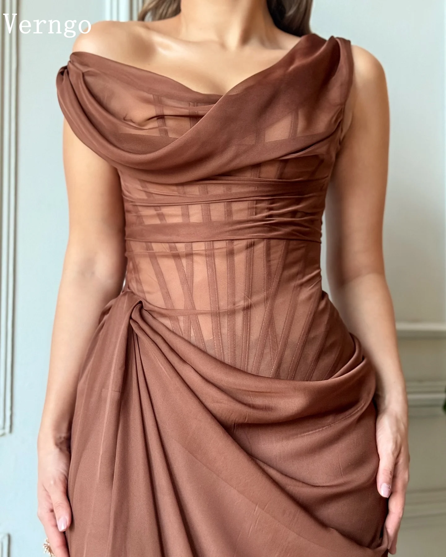 Verngo Brown Chiffon Evening Dress One Shoulder Mermaid Prom Gown Pleat Side Slit Sexy Formal Occasion Dresses Customized image 3
