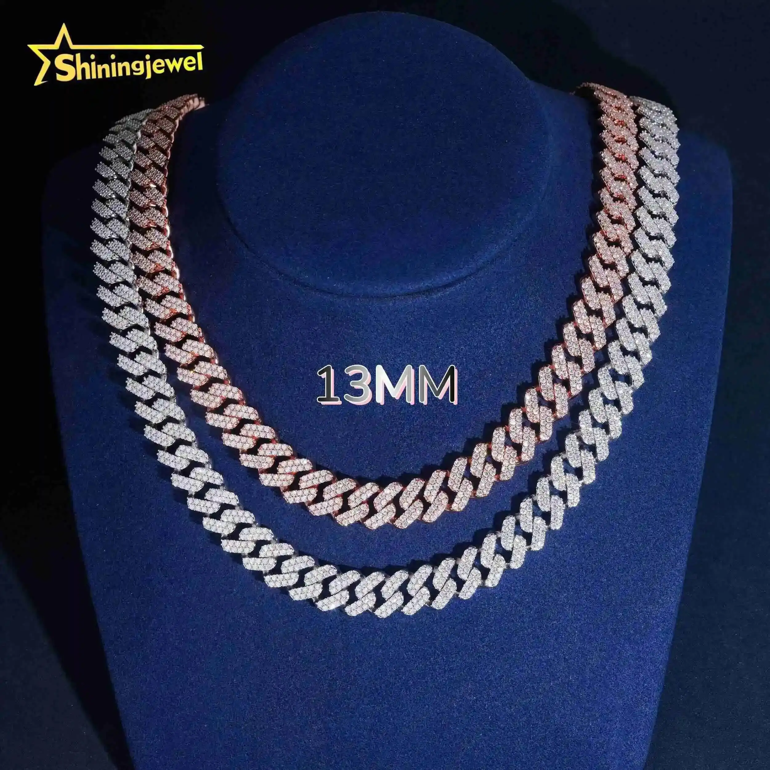 Smooth Shiny Guarantee 13mm 2 Row VVS Moissanite Cuban Chain Cheap 925 Sterling Silver Gold Plated Hip Hop Cuban Link Chain