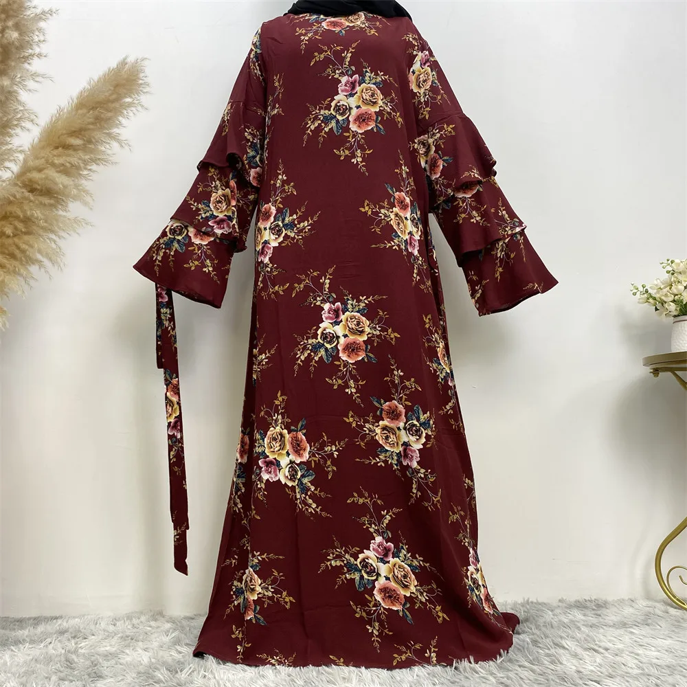 Woman Muslim Ababya Fashion Loose Long Skirt O-neck Print Dress Lace-up Long Sleeve Elegant Dress Arab Turkish Dress Muslim Robe