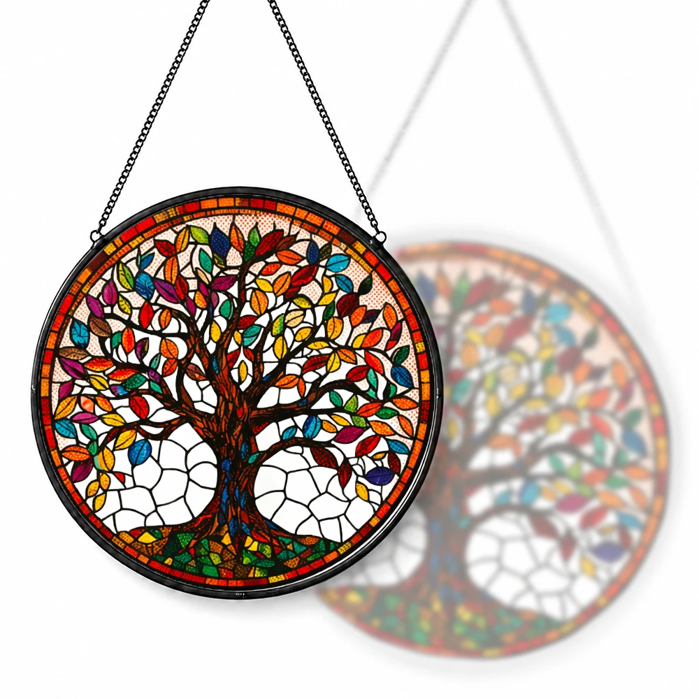 Stained Glass Suncatcher Round Tropical Sunset Beach Palm Tree Hibiscus Flower Window Hanging Decor Home Garden Gift